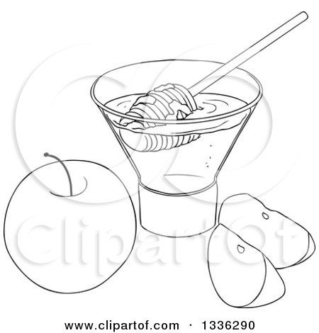 Clipart of a Black and White Apple and Slices with a Cup of Honey and a Dipper - Royalty Free Vector Illustration by Liron Peer