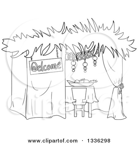 Clipart of a Black and White Jewish Sukkah for Sukkot - Royalty Free Vector Illustration by Liron Peer