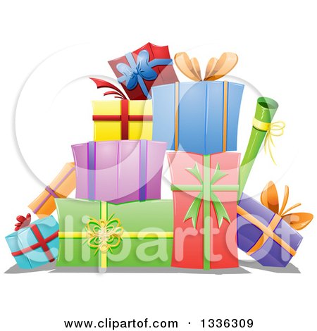 Clipart of a Cartoon Pile of Colorful Wrapped Gifts - Royalty Free Vector Illustration by Liron Peer