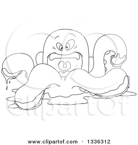 Clipart of a Cartoon Black and White Angry Octopus in Water - Royalty Free Vector Illustration by Liron Peer