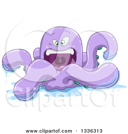 Clipart of a Cartoon Angry Purple Octopus in Water - Royalty Free Vector Illustration by Liron Peer