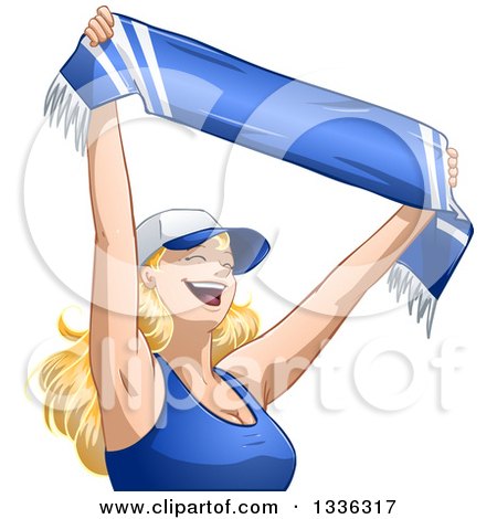 Clipart of a Cartoon Happy Blond White Woman Cheering and Holding up a Blue Sports Team Scarf - Royalty Free Vector Illustration by Liron Peer