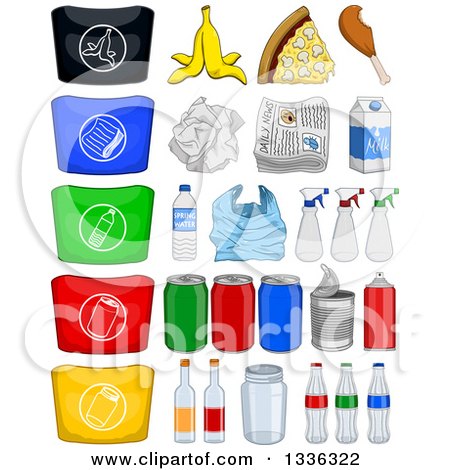 Clipart of Cartoon Recyclables, Products and Bags - Royalty Free Vector Illustration by Liron Peer