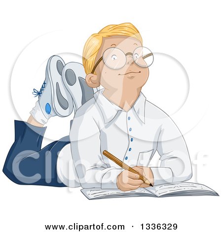 Clipart of a Cartoon Smart Blond White Boy Wearing Glasses and Writing in a Notebook on the Floor - Royalty Free Vector Illustration by Liron Peer