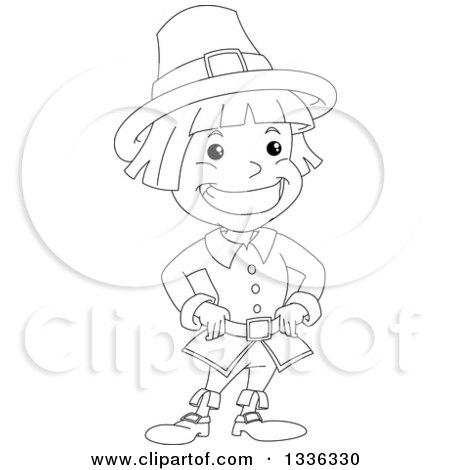 Clipart of a Sketched Black and White Grinning Pilgrim Boy - Royalty Free Vector Illustration by Liron Peer