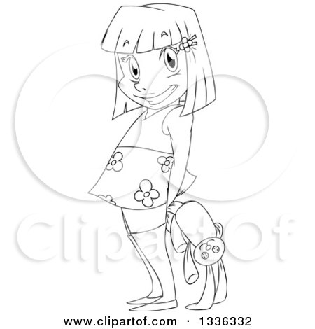 Clipart of a Sketched Black and White Girl Holding a Stuffed Rabbit Behind Her Back - Royalty Free Vector Illustration by Liron Peer