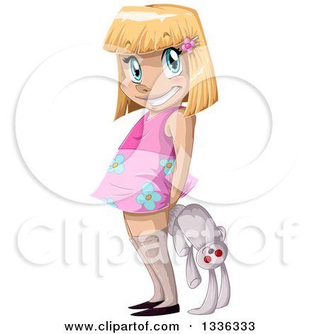 Clipart of a Blond Caucasian Girl Holding a Stuffed Rabbit Behind Her Back - Royalty Free Vector Illustration by Liron Peer