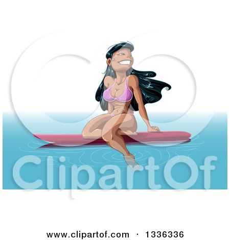 Clipart of a Cartoon Beautiful Happy Hawaiian Woman Floating on a Surf Board - Royalty Free Vector Illustration by Liron Peer