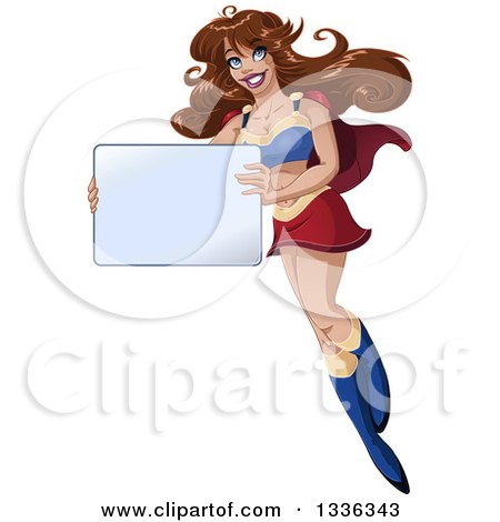 Clipart of a Cartoon Brunette White Super Hero Woman Holding a Blank Sign and Flying - Royalty Free Vector Illustration by Liron Peer