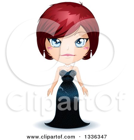 Clipart of a Short Red Haired, Blue Eyed, Caucasian Woman in a Formal Black Evening Gown - Royalty Free Vector Illustration by Liron Peer