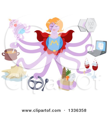 Clipart of a Purple Octopus Super Mom Balancing Many Things - Royalty Free Vector Illustration by Liron Peer
