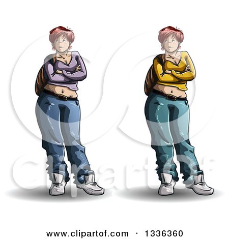 Clipart of Casual Red Haired White Female High School Students with Folded Arms - Royalty Free Vector Illustration by Liron Peer