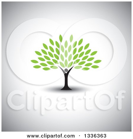 Clipart of a Black Silhouetted Man Forming the Trunk of a Tree with Green Leaves over Shading - Royalty Free Vector Illustration by ColorMagic