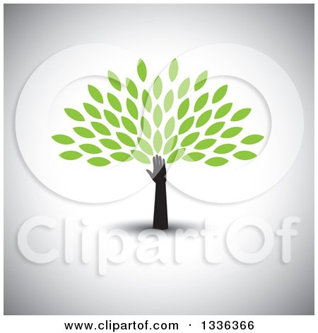 Clipart of a Silhouetted Hand and Arm Forming the Trunk of a Tree with Green Spring Leaves over Shading - Royalty Free Vector Illustration by ColorMagic