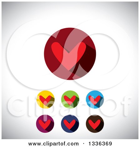 Clipart of Flat Design Red Hearts and Shadows in Circles Icons over Shading - Royalty Free Vector Illustration by ColorMagic