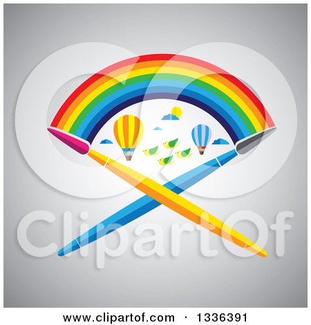 Clipart of a Flat Design Rainbow over Hot Air Balloons, Birds and Crossed Paint Brushes over Shading - Royalty Free Vector Illustration by ColorMagic