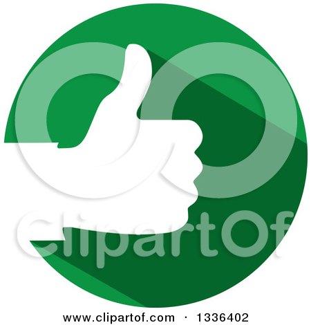 Clipart of a Flat Design White Silhouetted Thumb up Hand in a Green Circle - Royalty Free Vector Illustration by ColorMagic
