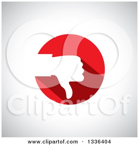 Clipart of a Flat Design White Silhouetted Thumb down Hand in a Red Circle over Shading - Royalty Free Vector Illustration by ColorMagic