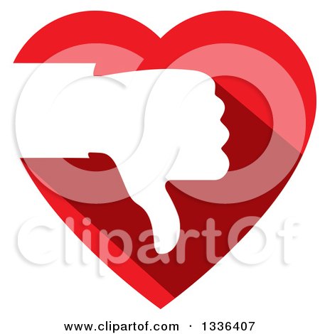 Clipart of a Flat Design White Silhouetted Thumb down Hand over a Red Heart - Royalty Free Vector Illustration by ColorMagic