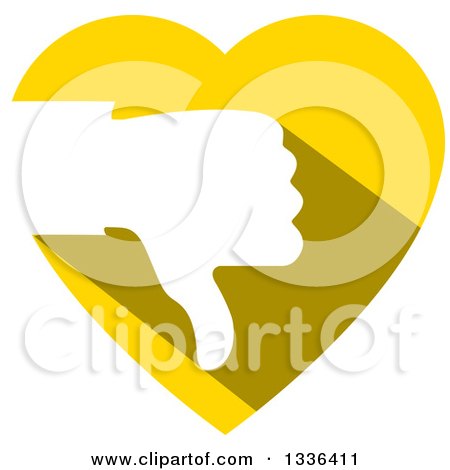 Clipart of a Flat Design White Silhouetted Thumb down Hand over a Yellow Heart - Royalty Free Vector Illustration by ColorMagic