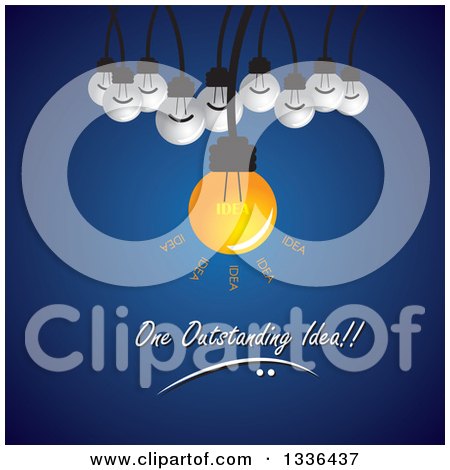 Clipart of a Shining Suspended Light Bulb with Plain Ones in the Background and One Outstanding Idea Text over Blue - Royalty Free Vector Illustration by ColorMagic
