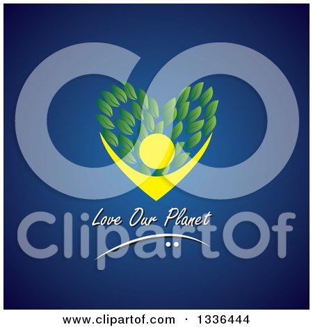 Clipart of a Yellow Person Holding a Heart of Leaves with Love Our Planet Text over Blue - Royalty Free Vector Illustration by ColorMagic