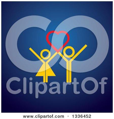 Clipart of a Flat Design Couple Holding up a Red Heart on Blue - Royalty Free Vector Illustration by ColorMagic
