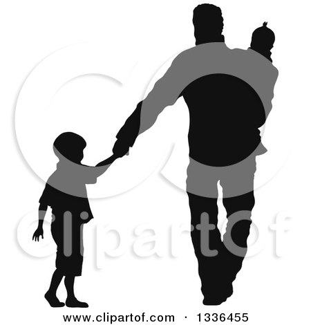 Clipart of a Black Silhouette of a Son Holding Hands and Walking with His Father Who Is Carrying a Baby Sister - Royalty Free Vector Illustration by Pushkin