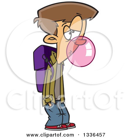 Clipart of a Cartoon Bored Caucasian School Boy Blowing Bubble Gum - Royalty Free Vector Illustration by toonaday