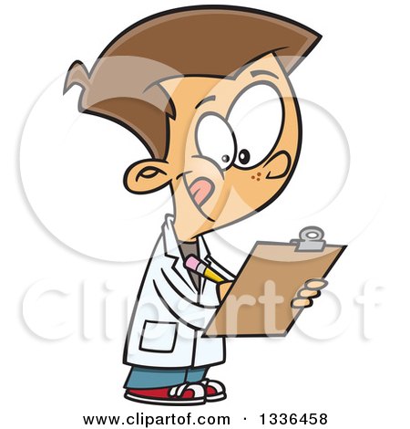 Clipart of a Cartoon Caucasian Boy Wearing a Lab Coat and Writing on a Clipboard - Royalty Free Vector Illustration by toonaday