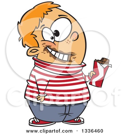 Clipart of a Cartoon Happy Chubby White Boy Holding a Chocolate Candy Bar, with Gloop on His Face - Royalty Free Vector Illustration by toonaday