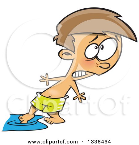 Clipart of a Cartoon Caucasian Swimmer Boy Testing the Water with His Toe - Royalty Free Vector Illustration by toonaday