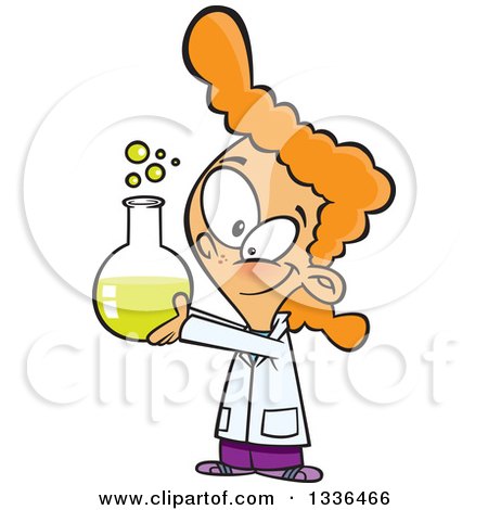 Clipart of a Cartoon Red Haired White Scientist Girl Holding up a Bubbly Flask - Royalty Free Vector Illustration by toonaday