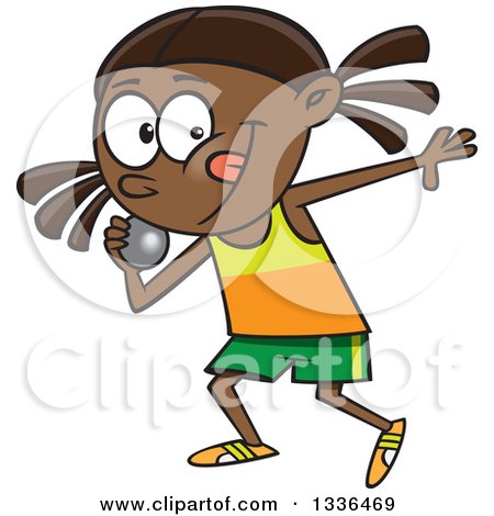Clipart of a Cartoon Black Track and Field Girl Throwing a Shotput - Royalty Free Vector Illustration by toonaday