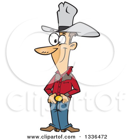 Clipart of a Cartoon Skinny Caucasian Cowboy Standing with His Hands on His Belt Buckle - Royalty Free Vector Illustration by toonaday
