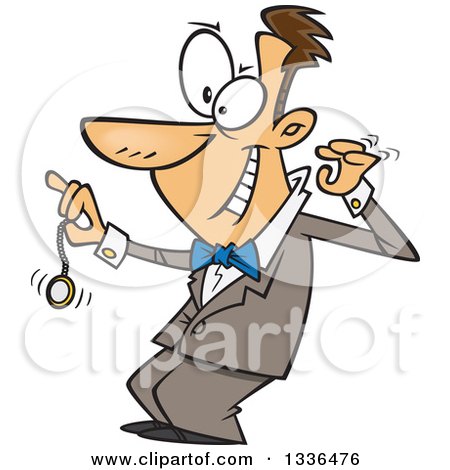 Clipart of a Cartoon Grinning Caucasian Male Hypnotist Swinging a Pocket Watch - Royalty Free Vector Illustration by toonaday