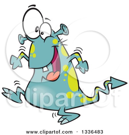 Clipart of a Cartoon Happy Green and Turquoise Spotted Monster Dancing - Royalty Free Vector Illustration by toonaday