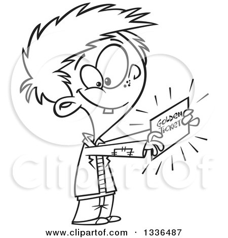 Lineart Clipart of a Cartoon Black and White Happy Boy, Charlie, Holding a Golden Ticket - Royalty Free Outline Vector Illustration by toonaday