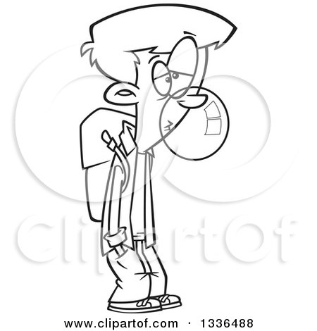Lineart Clipart of a Cartoon Black and White Bored School Boy Blowing Bubble Gum - Royalty Free Outline Vector Illustration by toonaday