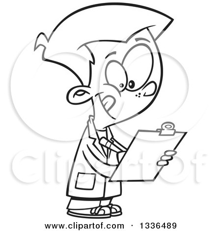 Lineart Clipart of a Cartoon Black and White Boy Wearing a Lab Coat and Writing on a Clipboard - Royalty Free Outline Vector Illustration by toonaday