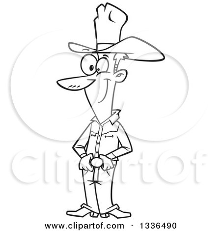 Lineart Clipart of a Cartoon Black and White Skinny Cowboy Standing with His Hands on His Belt Buckle - Royalty Free Outline Vector Illustration by toonaday