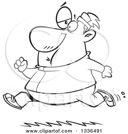 Lineart Clipart of a Cartoon Black and White Chubby Determined Man Running in a Track Suit - Royalty Free Outline Vector Illustration by toonaday