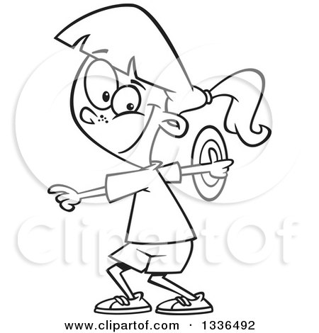 Lineart Clipart of a Cartoon Black and White Track and Field Girl Doing the Discus Throw - Royalty Free Outline Vector Illustration by toonaday
