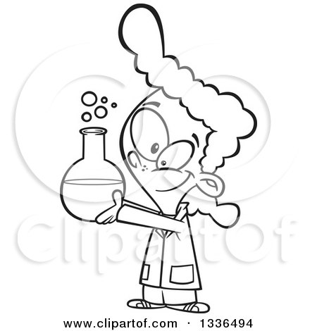 Lineart Clipart of a Cartoon Black and White Scientist Girl Holding up a Bubbly Flask - Royalty Free Outline Vector Illustration by toonaday