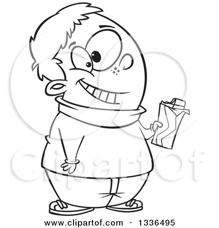 Lineart Clipart of a Cartoon Black and White Happy Chubby Boy Holding a Chocolate Candy Bar - Royalty Free Outline Vector Illustration by toonaday