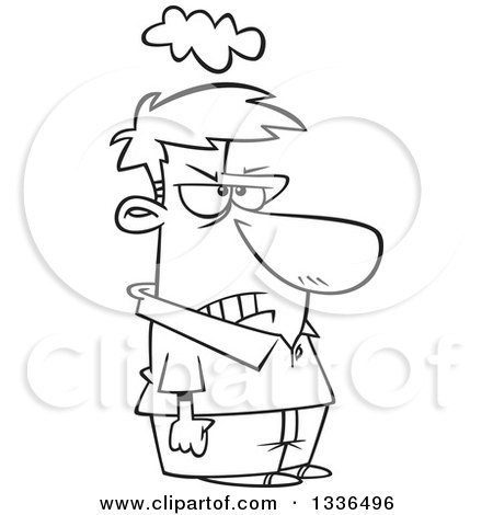 Lineart Clipart of a Cartoon Black and White Short Grumpy Man with a Cloud over His Head and Clenched Fists - Royalty Free Outline Vector Illustration by toonaday