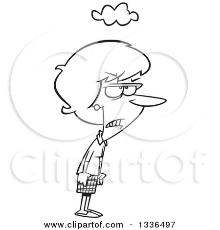 Lineart Clipart of a Cartoon Black and White Grumpy Woman with a Cloud over Her Head and Balled Fists - Royalty Free Outline Vector Illustration by toonaday