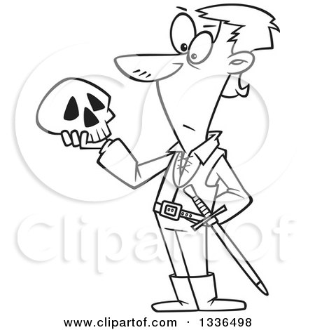 Lineart Clipart of a Cartoon Black and White Man, Hamlet, Holding a Skull - Royalty Free Outline Vector Illustration by toonaday