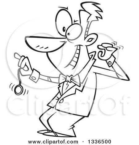 Lineart Clipart of a Cartoon Black and White Grinning Male Hypnotist Swinging a Pocket Watch - Royalty Free Outline Vector Illustration by toonaday