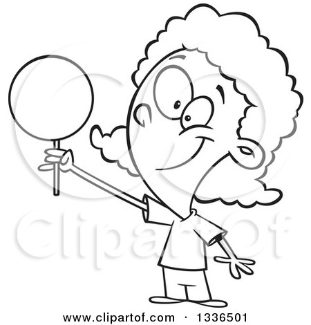 Lineart Clipart of a Cartoon Black and White Happy African American Girl Holding up a Loli Pop - Royalty Free Outline Vector Illustration by toonaday